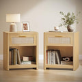 VASAGLE Boho Nightstands Set of 2 with Rattan Look Drawer - Oak Beige, 15"D x 18.9"W x 23.6"H