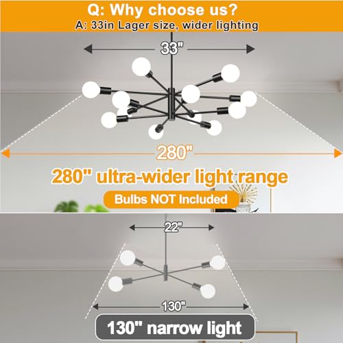 12-Light Matte Black Modern Sputnik Chandelier - Adjustable Height Ceiling Light Fixture
