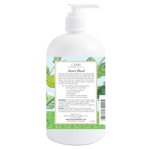 Capri Essentials Hand Soap Liquid, Natural Household Cleaning Supplies, Gentle Plant Based Aromatic Hand Wash with a Blend of Essential Oils, Removes Dirt & Grime, Sweet Basil Scent, 16 FL Oz (3 Pack)