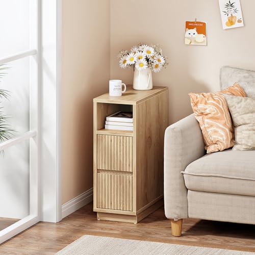 Natural CHOEZON 8.7-inch Narrow Fluted Nightstand with Drawers & Shelf - Small Modern Bedside Table