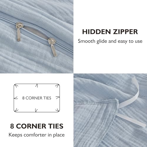 EMME King Blue Muslin Cotton Duvet Cover Set - Linen-Like, 104 x 90 inches
