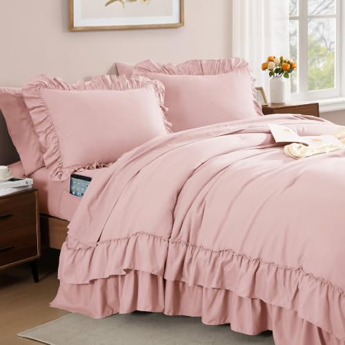 Full Size Pink Ruffle Comforter Set - Farmhouse Bed in a Bag, 7 Pieces, Soft & Cozy - Variation: Soft Pink / Full