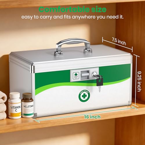 Small Aluminum Medicine Lock Box with Keys - Child-Safe Secure Storage, 16x9.25x7.5in - X-Large