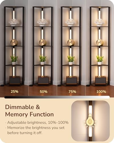 Corner Floor Lamp with Wooden Shelf - Black Walnut 64 Inch Modern LED Lighting