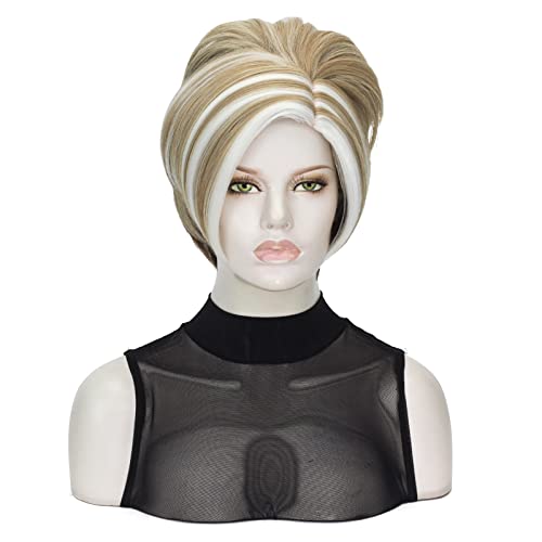 Short Blonde Brown Wavy Wig for Women - Layered Curly Costume Hair with Gold & White Mix Variation