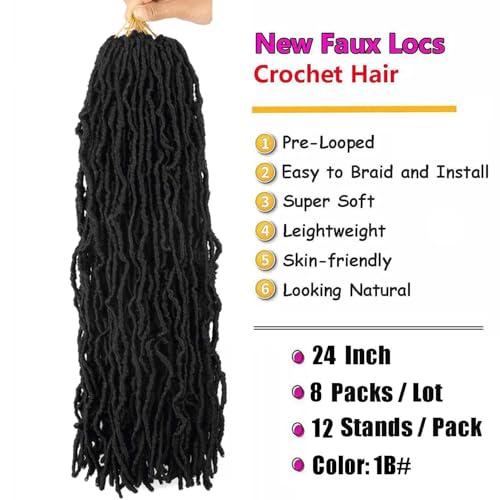 Layashow 24in Soft Locs Crochet Hair Pre-Looped 8 Packs 1B (Pack of 8, 24 Inch)