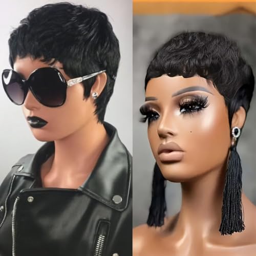 ShowReal Short Wavy Pixie Cut Human Hair Wig - Black, Glueless, Model 9047-1B