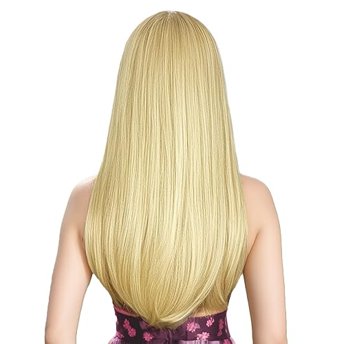 Blonde Wig with Bangs - Long Straight Synthetic Hair 22 Inch for Women & Girls - Daily, Party, Cosplay