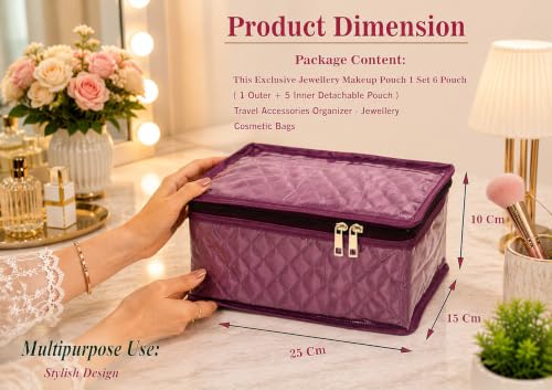 Purple Satin Makeup & Jewelry Organizer Bag for Women - Travel Cosmetic Pouch