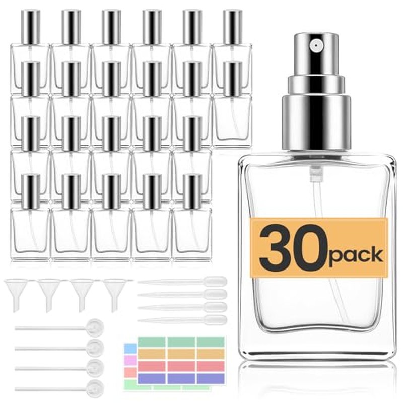 30 Pack 15 ML Glass Perfume Bottles Clear Portable Perfume Spray Bottle Empty Perfume Container Travel Refillable Mini Fine Mist Sprayer Atomizer (80 Pcs Labels, 10 Funnels, 10 Dropper, 10 Dispenser)