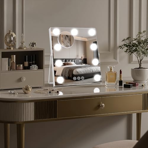 Vanity Mirror with Lights, 16"¡¿10" Hollywood Makeup Mirror with 9 Dimmable Bulbs, 3000mAH Battery, 3-Color Lighting, Dimmable, 360¡Æ Rotation, 10x Magnification, Desk Mirror, Bedroom (White)