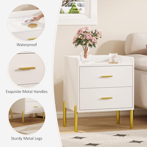 Vabches Nightstand with Built-in Charging Station - White with Gold Handles