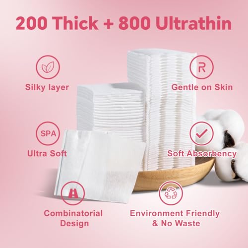 Square Makeup Cotton Pads, 200 Thick and 800 Ultra-Thin Soft, Lint-Free Pads for Makeup Removal, Toner Application and Daily Skincare