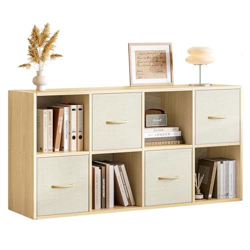 EXPERLAM 8 Cube Storage Organizer with 4 Fabric Bins - Solid Wood Bookcase, Vertical or Horizontal Use