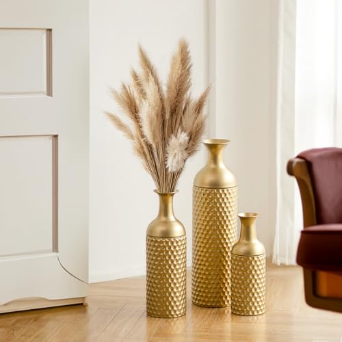 Gold Tall Floor Vase Set - 27in Decorative Metal Vases with Honeycomb Texture, 3-Piece