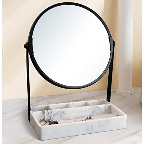 Vanity Mirror With Marble Tray, Two-Sided 6 Inches 1X/3X Magnification Makeup Mirror With Stand, Table Mirror