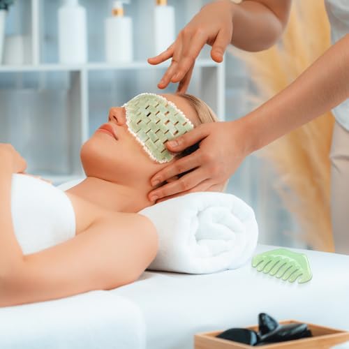 Hercicy 2 Pcs Jade Eye Mask and Hair Comb Set Green Jade Stone Eye Mask White Facial Cooling Set Guasha Scalp Comb Facial Massage Tool for Relax Alleviate Puffiness Esthetician Supply (Classic Color)
