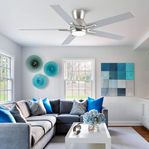52-Inch Brushed Nickel Flush Mount Ceiling Fan with Remote & Light - Reversible Blades