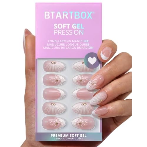 BTArtbox Press On Nails Short - Dew-Kissed Bud, Easy-to-Apply 3D Flower Pink Almond Press On Nails with Glue and Adhesive Tabs in 16 Sizes - 32 Nails All-in-One Kit