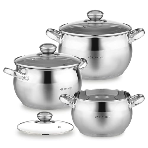Daniks 6-Piece Stainless Steel Cookware Set with Glass Lids, Tri-Ply Base, Induction Compatible