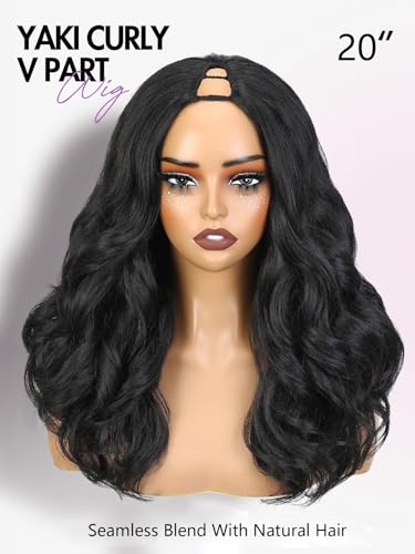 WIGER Black Yaki Curly V Part Synthetic Wig Layered U Part Half Hair Extension