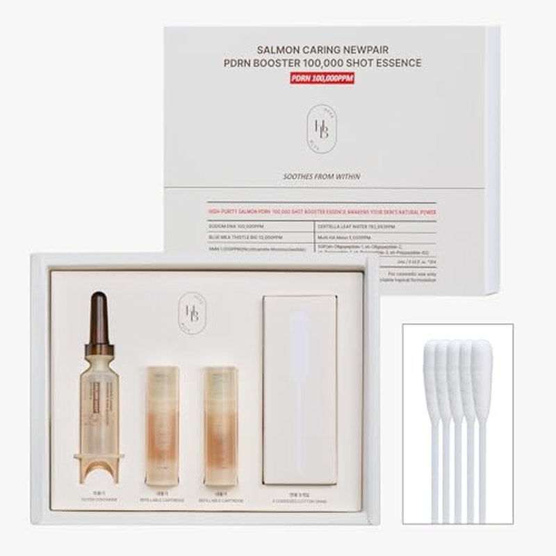 HEVEBLUE Salmon Caring Centella New Pair PDRN Booster 100,000 Shot Essence (2ea) - Salmon PDRN, Restore and Rejuvenate, Refine Skin Texture, Low Irritation, Korean Skincare, K-Beauty