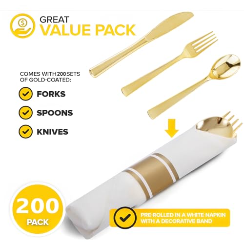 200 Pack Disposable Gold Silverware Set - Heavy Duty Cutlery for Weddings & Events - Variation: Gold