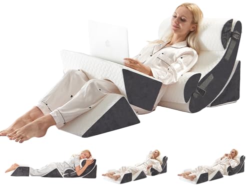 Multi-Functional Bed Wedge Pillow Set - 7-in-1 Orthopedic Support for Back Neck Legs, 6 Pieces White Grey