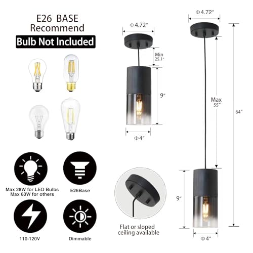 Black Pendant Light Fixtures 2-Pack Adjustable Modern Glass for Kitchen Island Variation of Black—Cord / 2 Pack