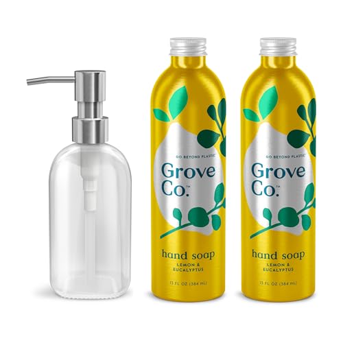 Grove Co. Hand Soap Set with Glass Dispenser - Lemon & Eucalyptus, 13 Fl Oz x 2 + Dispenser