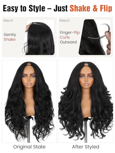 HANNE 26 Inch Yaki Layered Flip Curl Wavy V Part Wig Black Variation