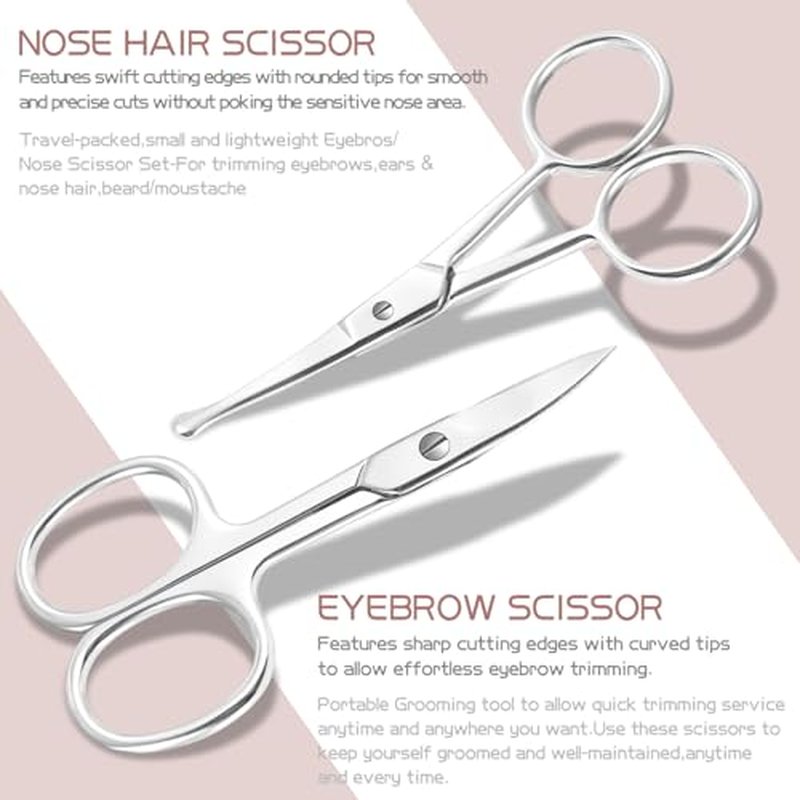 2PCS Multifunctional Eyebrow Scissors for Women, Mustache Scissors and Nose Hair Scissor for Men, Curved Grooming Scissors for Eyebrow, Mustache, Beard, Eyelashes - Premium Stainless Steel Quality