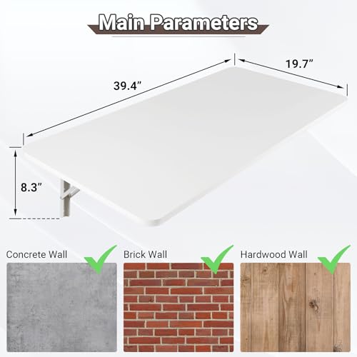Wall Mounted Folding Table - 39.4 x 19.7 Inches, White - Space-Saving Desk