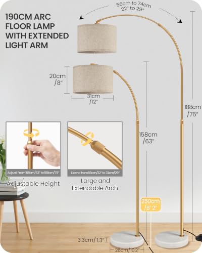 75-Inch Dimmable Gold Arc Floor Lamp with Marble Base - Beige, Adjustable Height, Remote