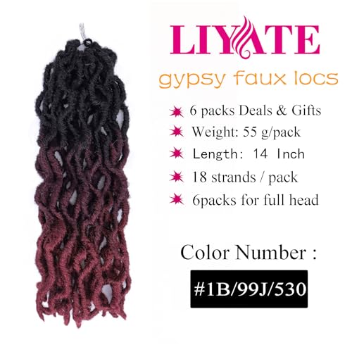 14 Inch Faux Locs Crochet Hair - Soft Goddess Locs for Black Women, 6 Packs, Variation of 1B/99J/530