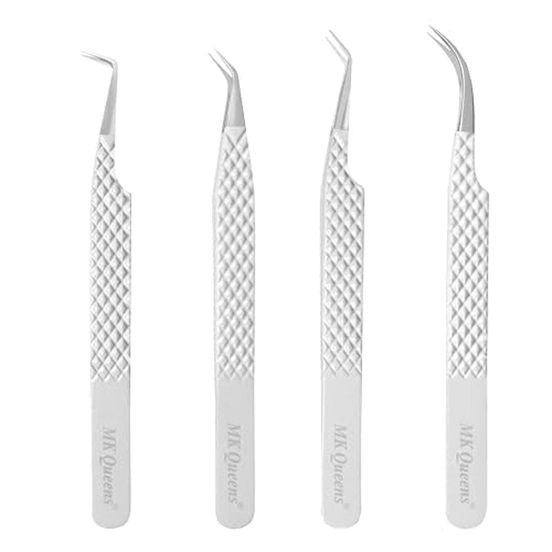 Fiber Tip Lash Tweezers for Eyelash Extensions with Diamond Grip, Set of 4 Precise Tips Japanese Steel for Classic, Volume & Mega Volume Lashes, Ideal Tweezers Set for Lash Artists (4, White)