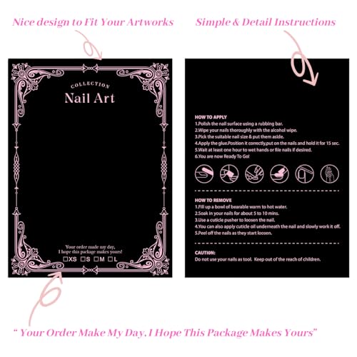 Press On Nail Packaging Kit for Long Nails ? Y2K 50 Display Cards with Bags & Tape ? Nail Tech Supplies for for Gothic & Baddie Nailfies Nail Salon Studio Manicure Business(Black, 3.54*4.7)