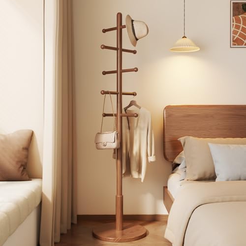Solid Wood Coat Rack Tree with 10 Hooks, Adjustable Height Entryway Stand