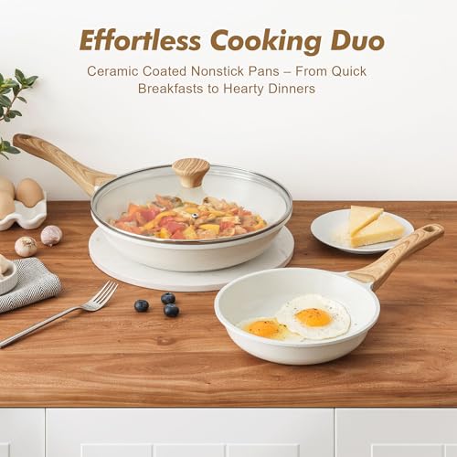 SENSARTE Ceramic Nonstick Frying Pan Set White 8 & 11 Inch with Lid