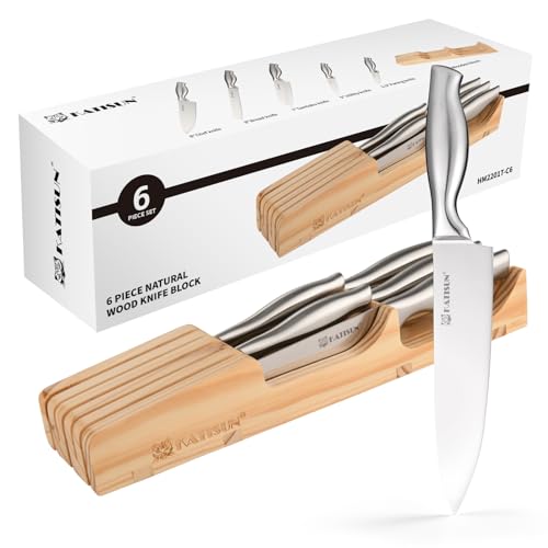 Drawer Knife Block Set - 6 Piece Kitchen Knife Organizer with Pine Block