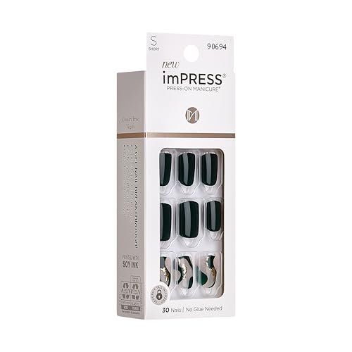 KISS Impress Press-On Manicure Fake Nails, Time Lapse - Short Length, Squoval Shape, Polish-Free Dark Green Gold Design Mani, Includes Prep Pad, Mini File, Manicure Stick, and 30 Fake Nails