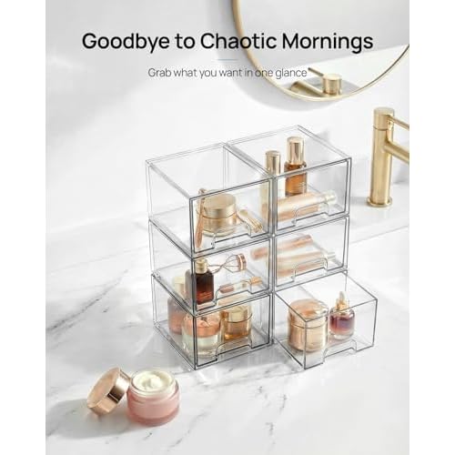 Vtopmart 6 Pack Small Clear Stackable Storage Drawers,Acrylic Bathroom Makeup Organizer,Plastic Storage Bins For Vanity, Undersink, Kitchen Cabinets, Pantry, Home Organization