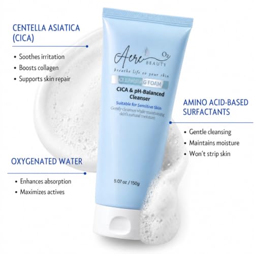 Aere Beauty CICA pH-Balanced Facial Cleanser – Hydrating Gentle Foaming Face Wash for Sensitive Skin, 5.07 Fl Oz