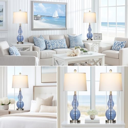 Blue Coastal Glass Double Gourd Table Lamp Set of 2 - Nautical Nightstand Lamps with USB & Outlets, Dimmable Touch Control, 27.5"