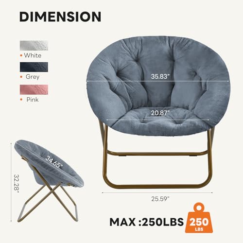 Grey Faux Fur Saucer Chair for Adults - Foldable Lounge Seat, 35.83" Wide