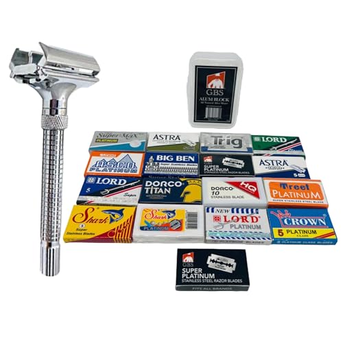G.B.S Adjustable DE Butterfly Shaving Razor Stainless Steel Knurled Handle and 120 Count Double Edge Safety Razor Blade Variety Pack
