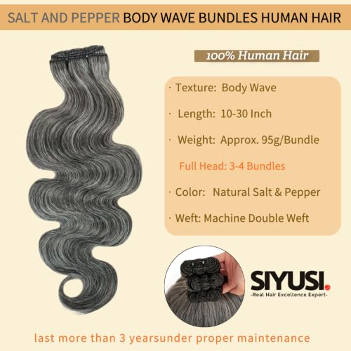 SIYUSI Gray Human Hair Bundles 16 Inch Wavy Curly Salt & Pepper Natural Color