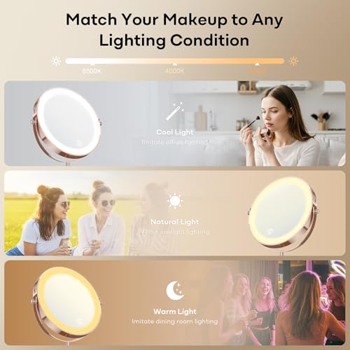 Rose Gold Lighted Makeup Mirror with 1X/30X Magnification, Dimmable LEDs, 360° Rotation, Rechargeable Battery
