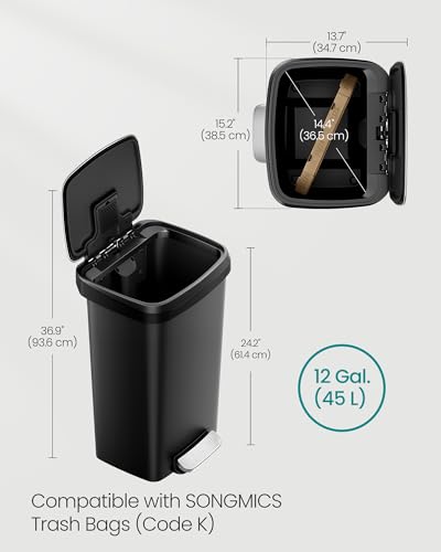 SONGMICS 12-Gallon Plastic Kitchen Trash Can with Soft Close Lid - Ink Black