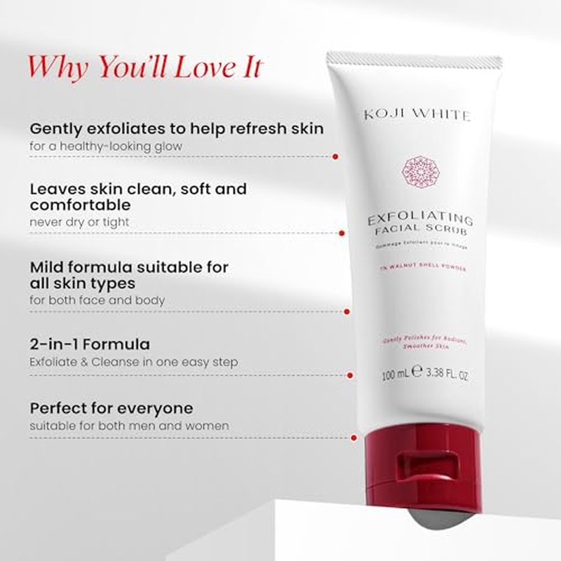 Koji White Exfoliating Facial Scrub | Kojic Acid Face Wash, Gentle Daily Scrubber & Exfoliator for Radiant with 1% Walnut Shell, AHA, Hyaluronic Acid for Uneven Skin Tone, Vegan Skincare, 3.38 Fl Oz